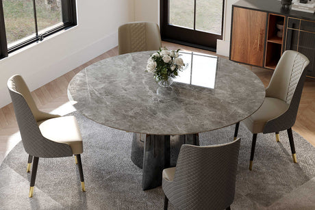 Luxe dining table, round grey faux marble top with stainless steel pedestal base