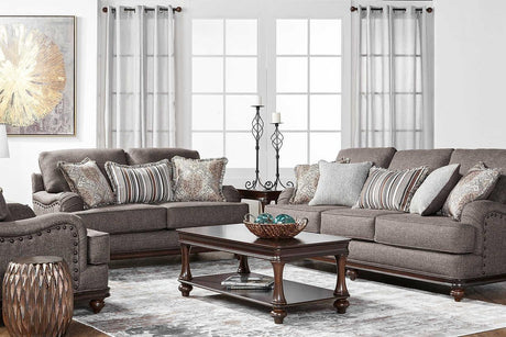 Front view of driftwood brown and gray fabric upholstered sofa and loveseat set