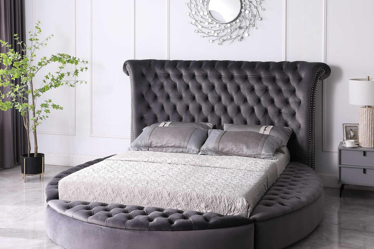 Lux Grey velvet upholstered tufted storage king bed close-up