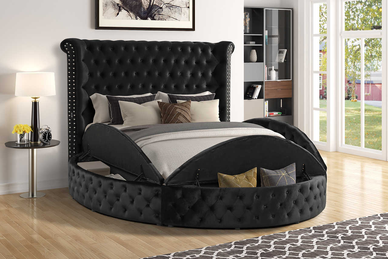 Lux II Black Velvet Upholstered USB Charger Queen Bed