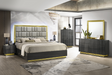 Mona Grey Gold Upholstered Platform Bedroom Set queen bed with LED-lit headboard