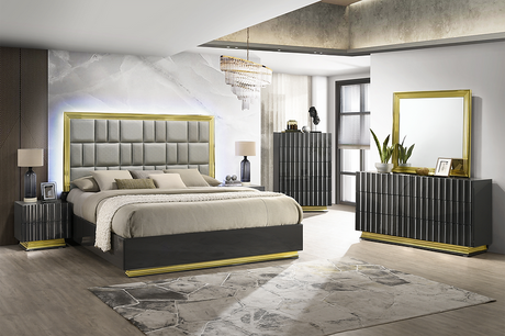 Mona Grey Gold Upholstered Platform Bedroom Set queen bed with LED-lit headboard