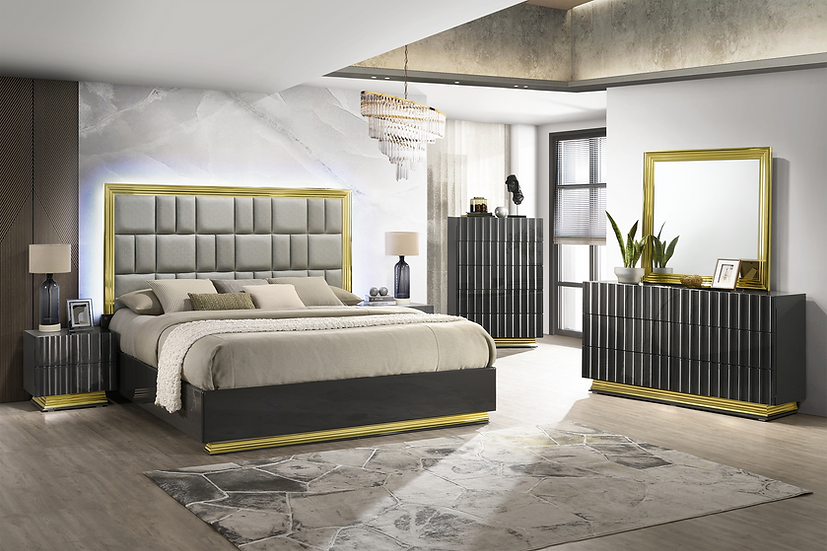main view of Mona Grey Gold Upholstered Platform Bedroom Set bed
