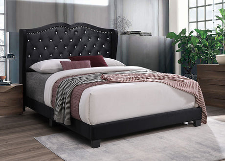Elena Black velvet upholstered queen bed front angle
