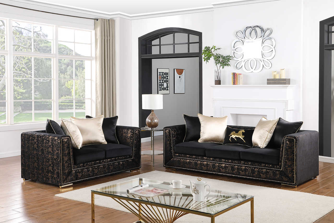 Side view of Konya Black Gold Velvet loveseat and chair