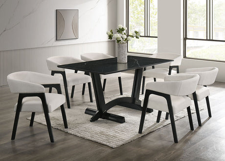 main view of Nava black porcelain table with six beige teddy fabric chairs