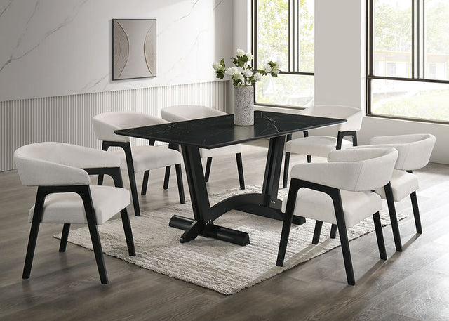 main view of Nava black porcelain table with six beige teddy fabric chairs