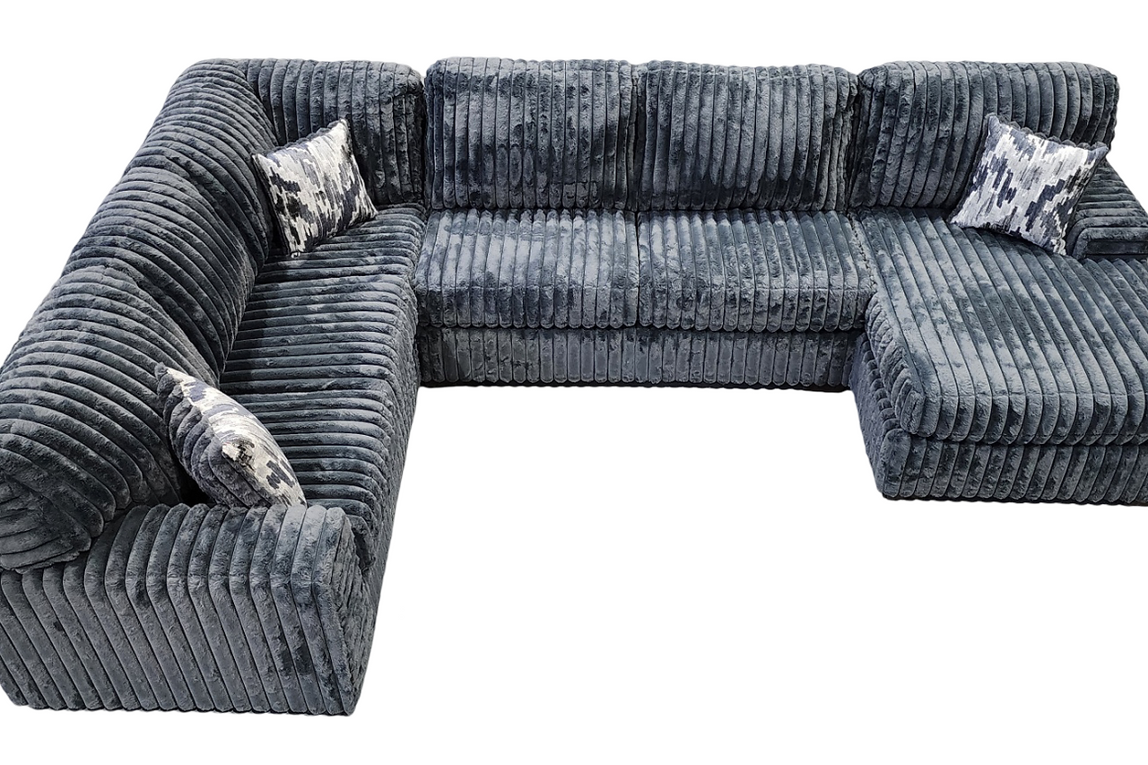 Detail close-up of thick stripe gray fabric on Austin sectional