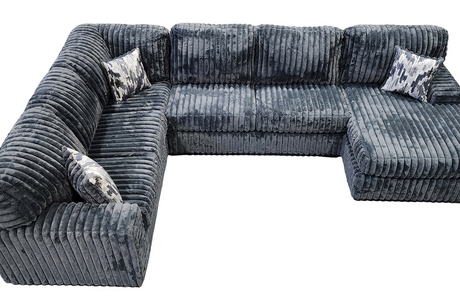 Detail close-up of thick stripe gray fabric on Austin sectional