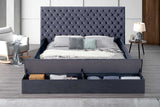 Close-up of tufted grey headboard with USB and Bluetooth controls