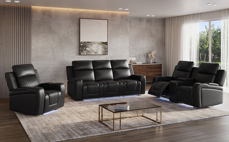 Bomer Black leather 3-piece power reclining living room set sofa front view