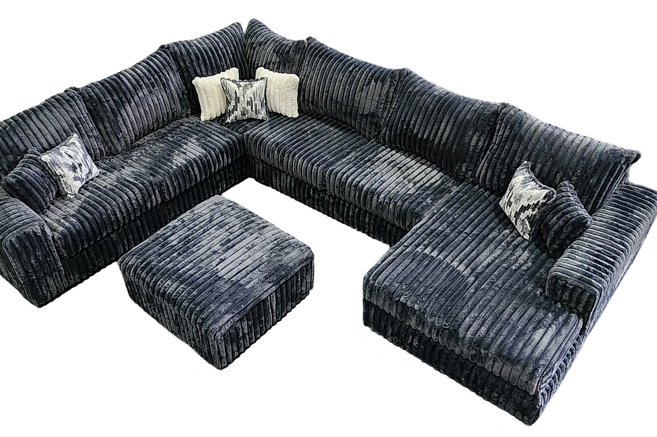 Close-up of gray corduroy fabric on ottoman