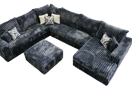 Close-up of gray corduroy fabric on ottoman