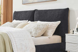 Front view of Zima grey upholstered queen platform bed with LED lights