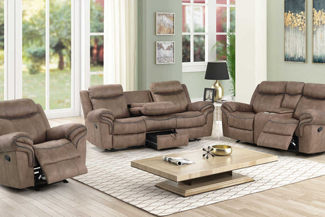 Rio Grande brown microfiber reclining sofa with drop down table and USB port
