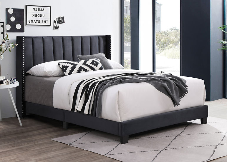 Lola Black Upholstered Queen Bed angled view showing black headboard upholstery