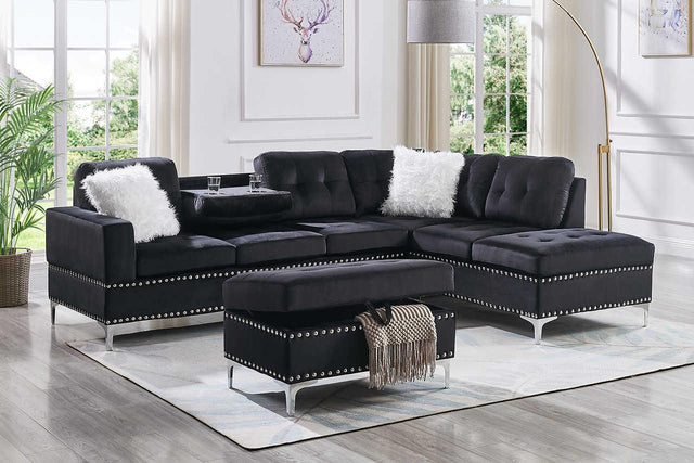 main view of Joy Black Velvet Upholstered Tufted Sectional with Ottoman sectional sofa