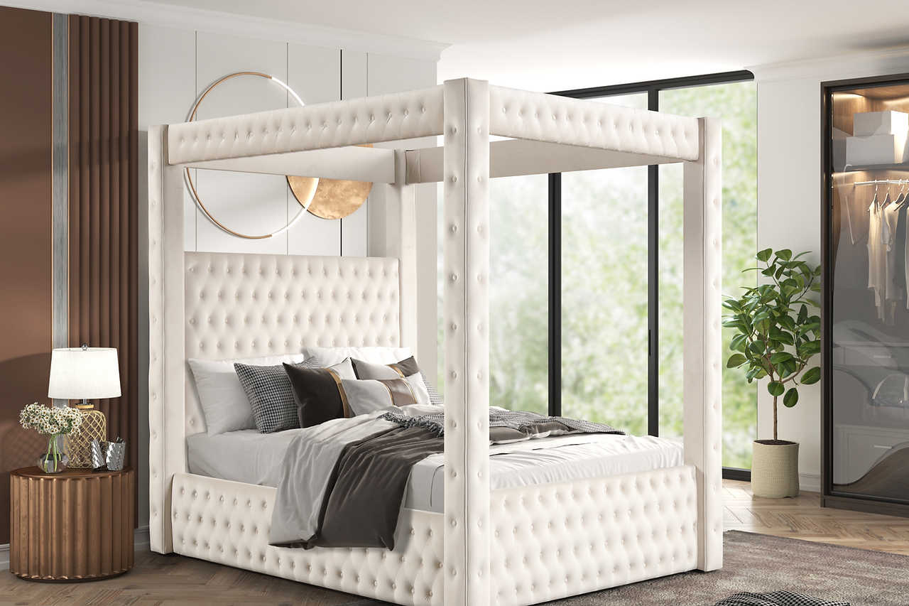 Mansion Beige Upholstered Tufted Canopy Platform Queen Bed
