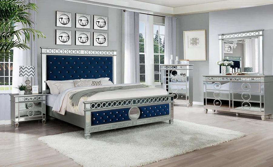 Bell Silver Navy Blue Velvet Upholstered Tufted Panel Bedroom Set - main view of bed