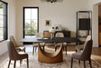Lexi dining table with matte black sintered stone top and U-shaped black steel base, front view
