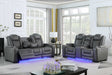Front view of ash grey microfiber power reclining sofa with console