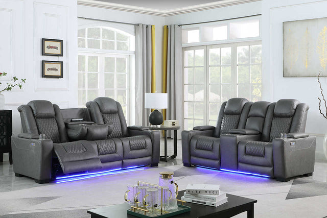 Front view of ash grey microfiber power reclining sofa with console
