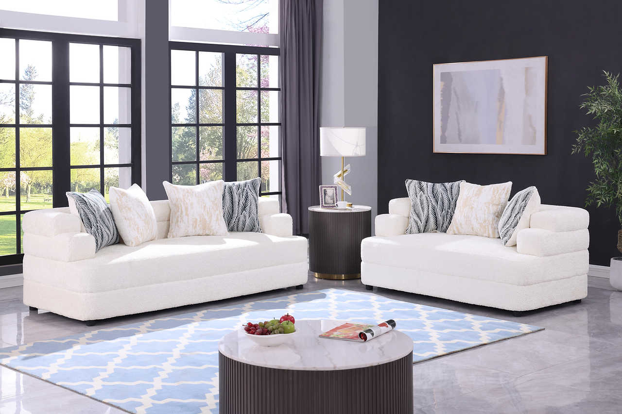 Stepso Cream Boucle Living Room Set side view highlighting upholstery texture