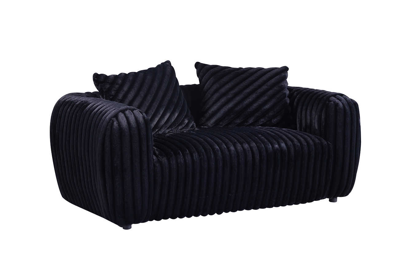 Wide view of Eli Black Fabric Living Room Set sofa and loveseat