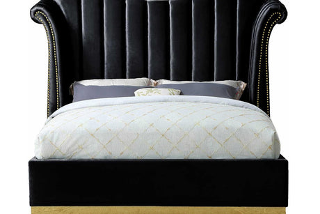 Side angle of Luna Velvet Upholstered Queen Platform Bed with black and gold design