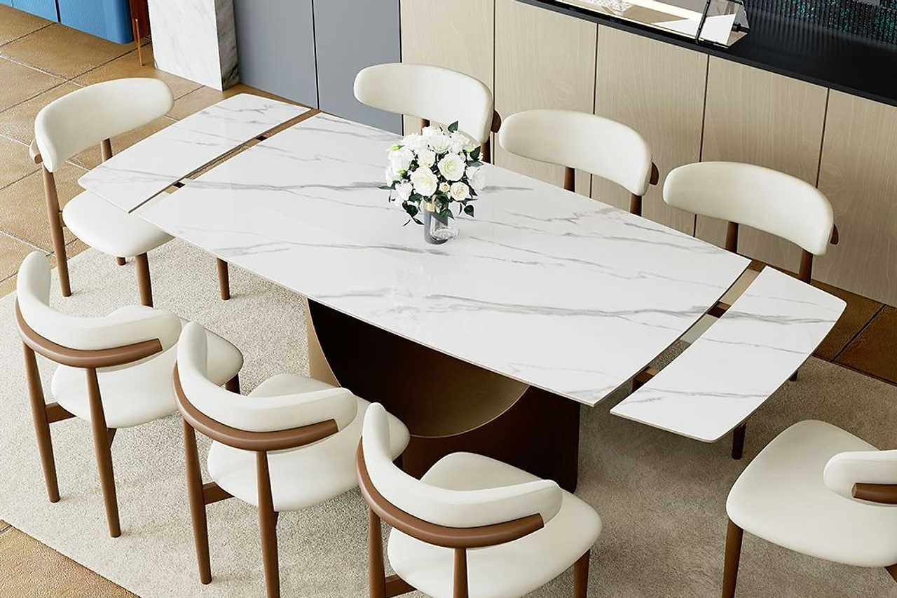 Aman extendable white dining table with base detail