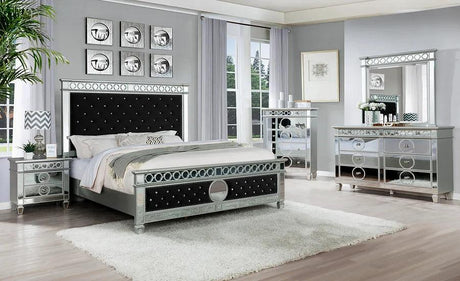 main view of Bell Black Silver Velvet Upholstered Tufted Panel Bedroom Set bed