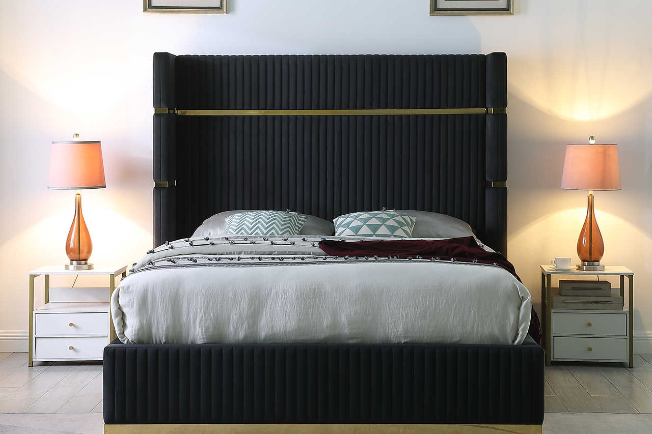 Aspen Black Velvet Upholstered Platform King Bed