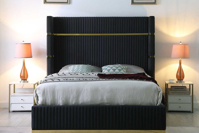 Aspen black velvet upholstered platform queen bed angled side view