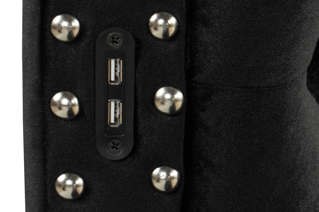 Detail of silver nailhead accents on Lux II black velvet bed