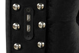 Close-up of silver nail accents and velvet upholstery on Lux II bed