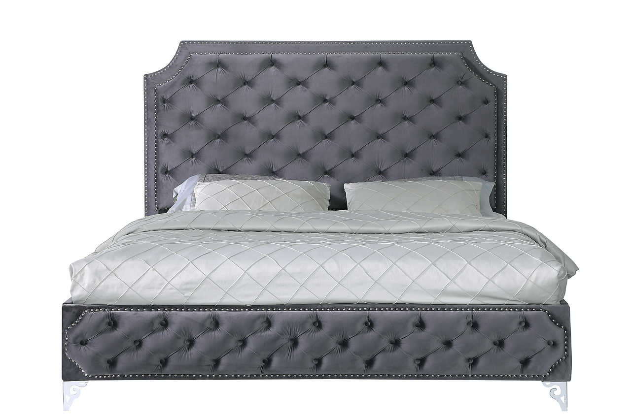 Leilah queen bed showing grey velvet upholstery and platform base