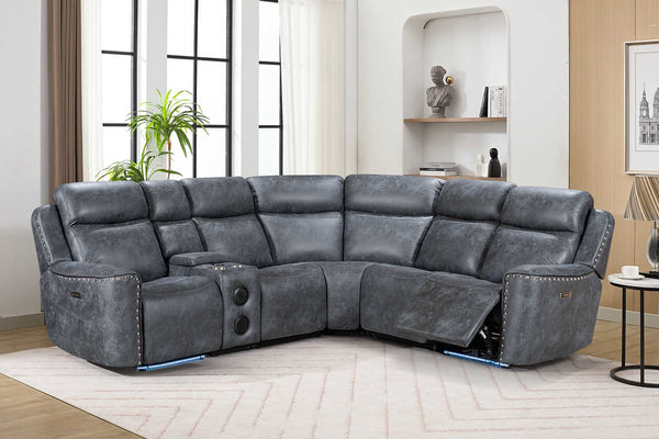 Romi grey power reclining sectional sofa angled view
