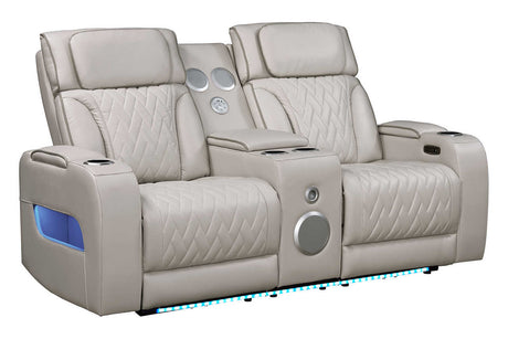 Skyline Beige Power Reclining Loveseat angled view showing seat and arms