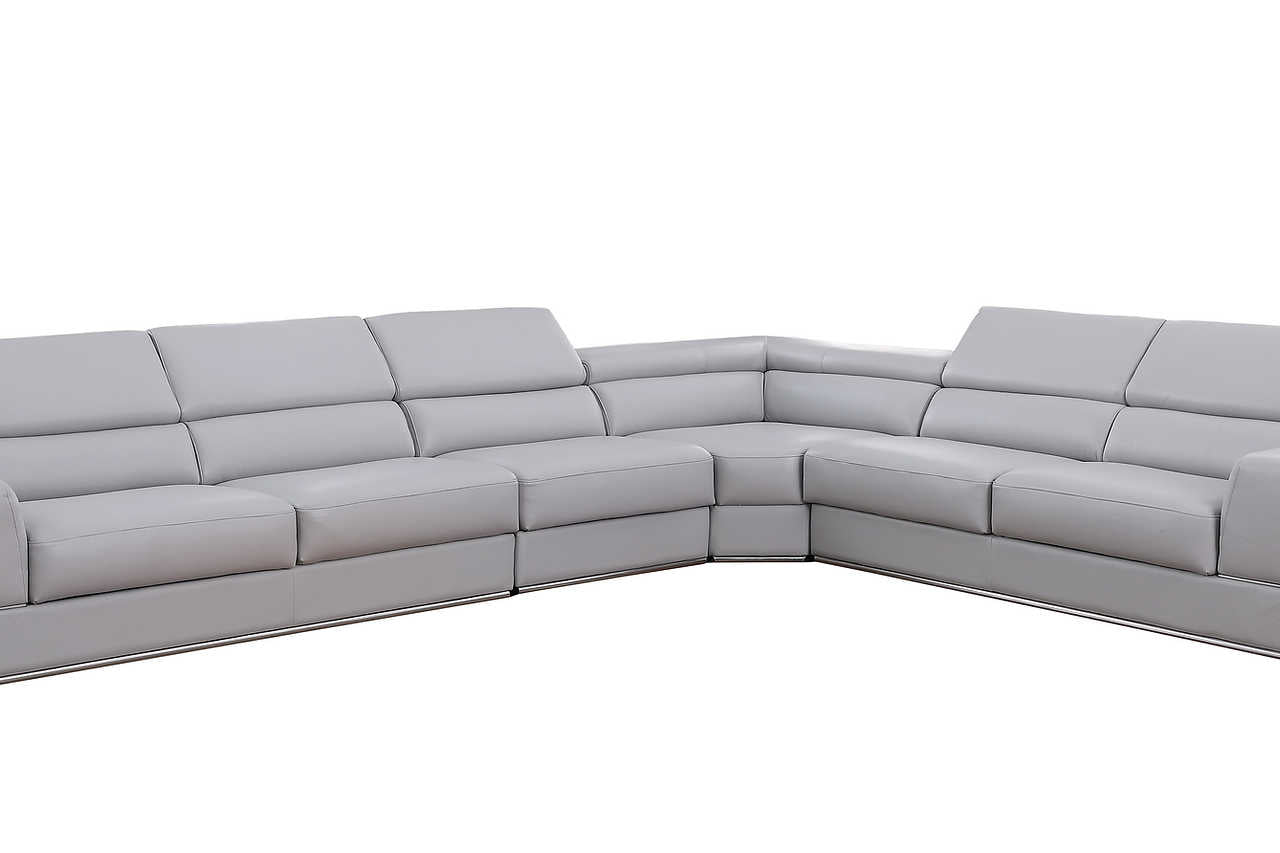 Side angle showcasing Pella Light Grey Leather Sectional seating
