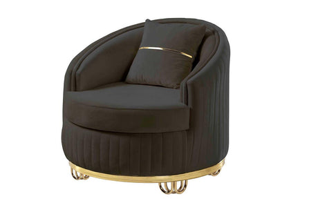 Front view of Kelebek grey velvet upholstered chair with gold legs