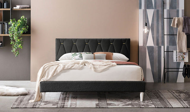 Kiran black upholstered platform bed front view