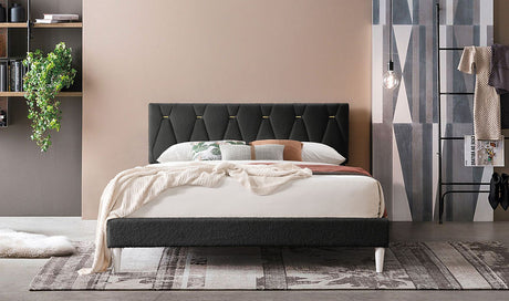 Kiran black upholstered platform king bed front view