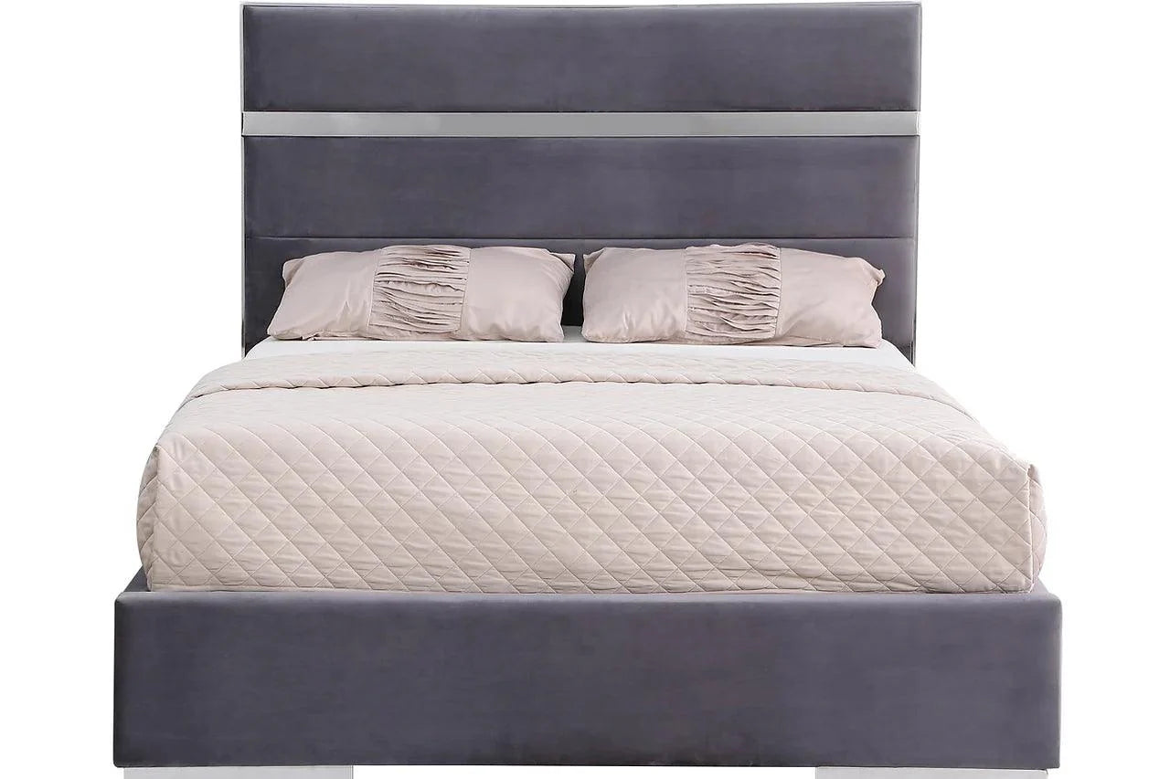 Cartier Grey Gold Velvet Upholstered Platform King Bed side angle