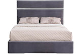 Side angle of Cartier grey velvet upholstered platform queen bed