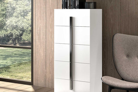 Mara White chest showing high-gloss white finish and marble top