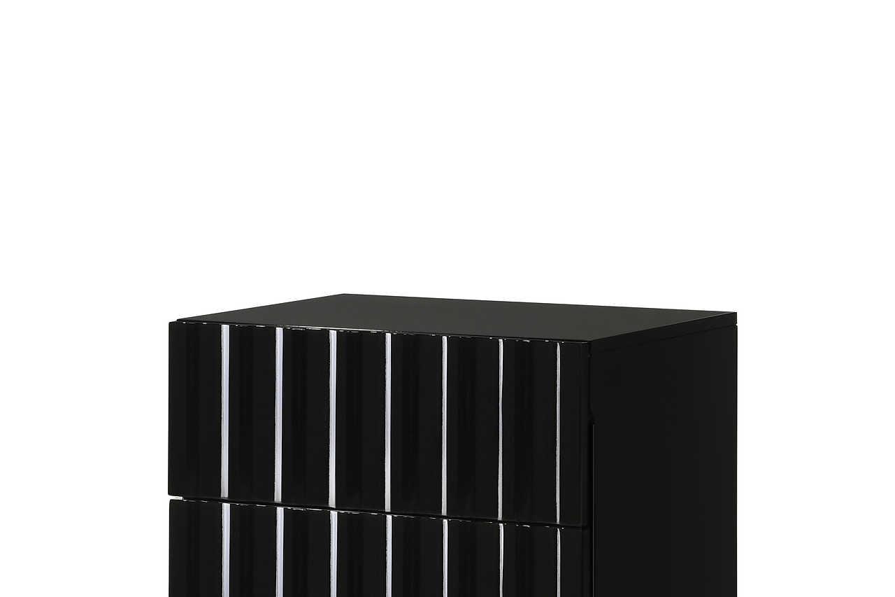 Lila Black Nightstand, drawer opened showing storage space
