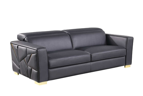 Astra dark navy leather living room chair, angled view