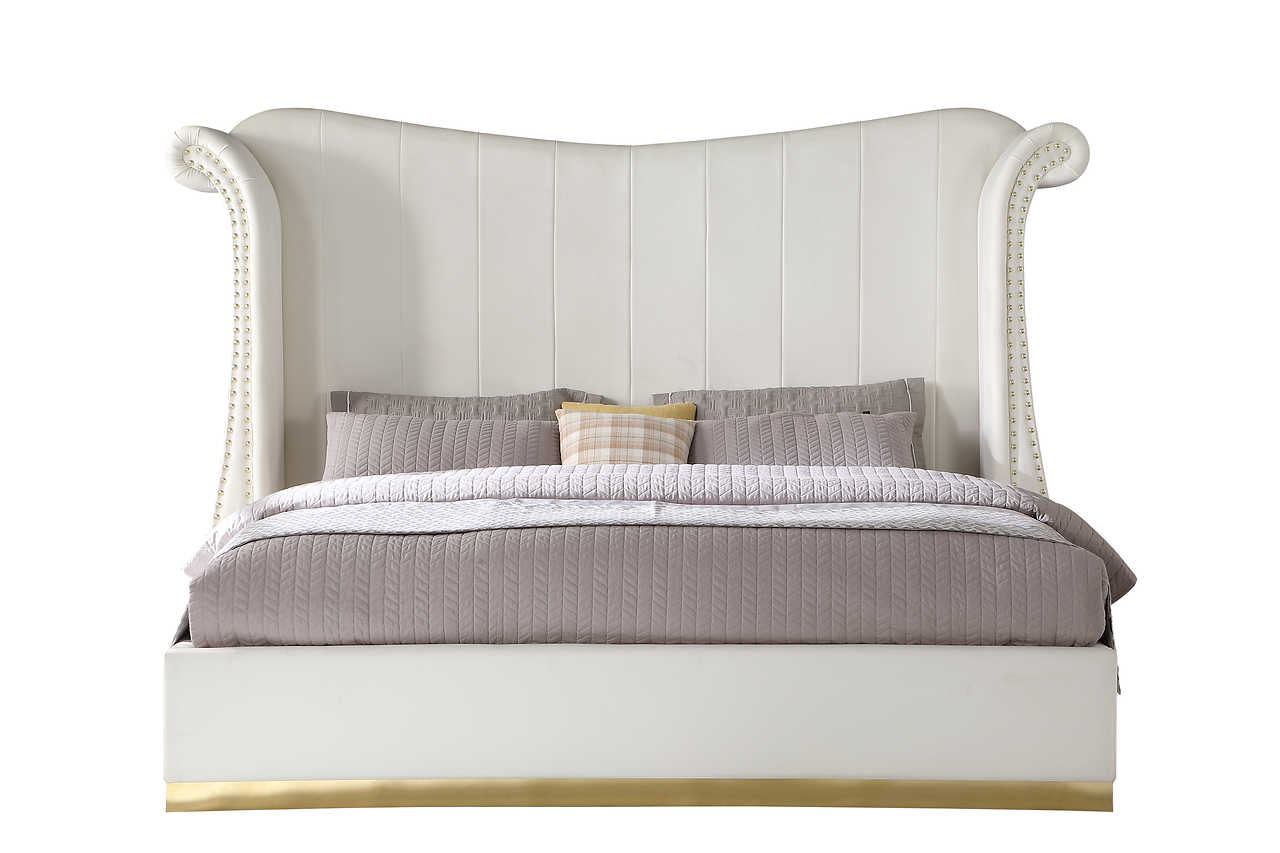 Luna Cream Velvet Upholstered Wingback Platform Queen Bed angled side view