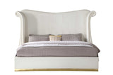 Close-up of cream velvet upholstery on Luna wingback headboard