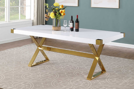 Adel white lacquer dining table with gold stainless steel legs angled side view